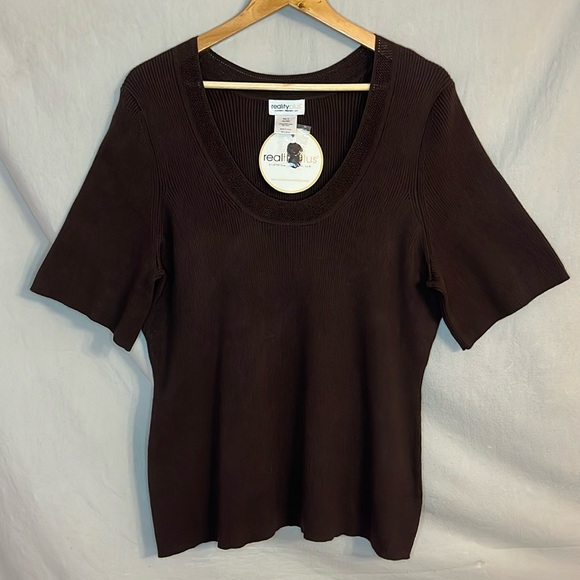 Dark Brown, Lattice Trim, Short Sleeve Sweater by Reality Plus 1X NWT - Picture 4 of 15